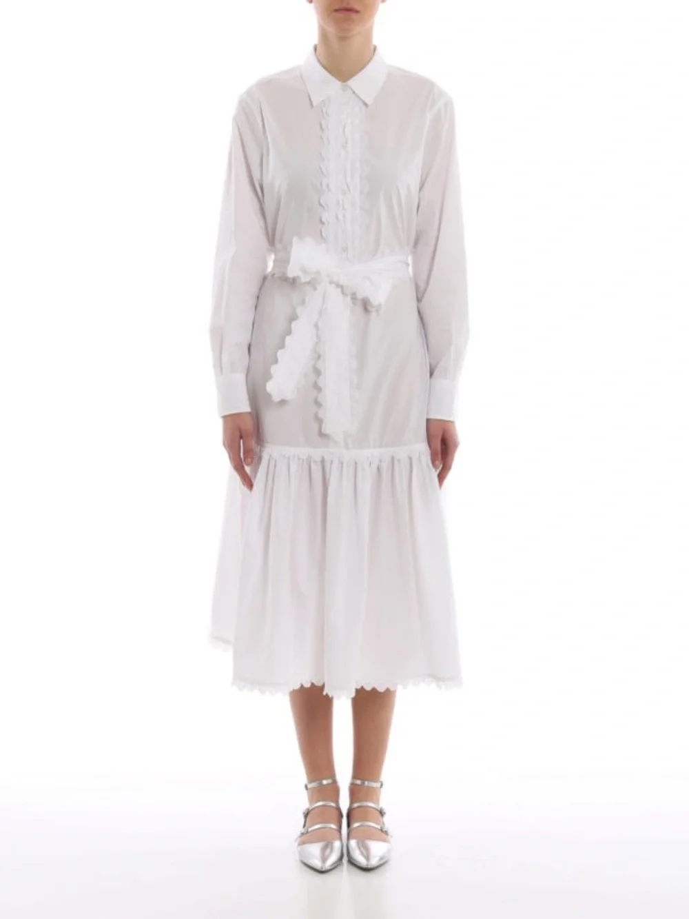 Tory Burch White Scalloped Trim Midi Shirt Dress